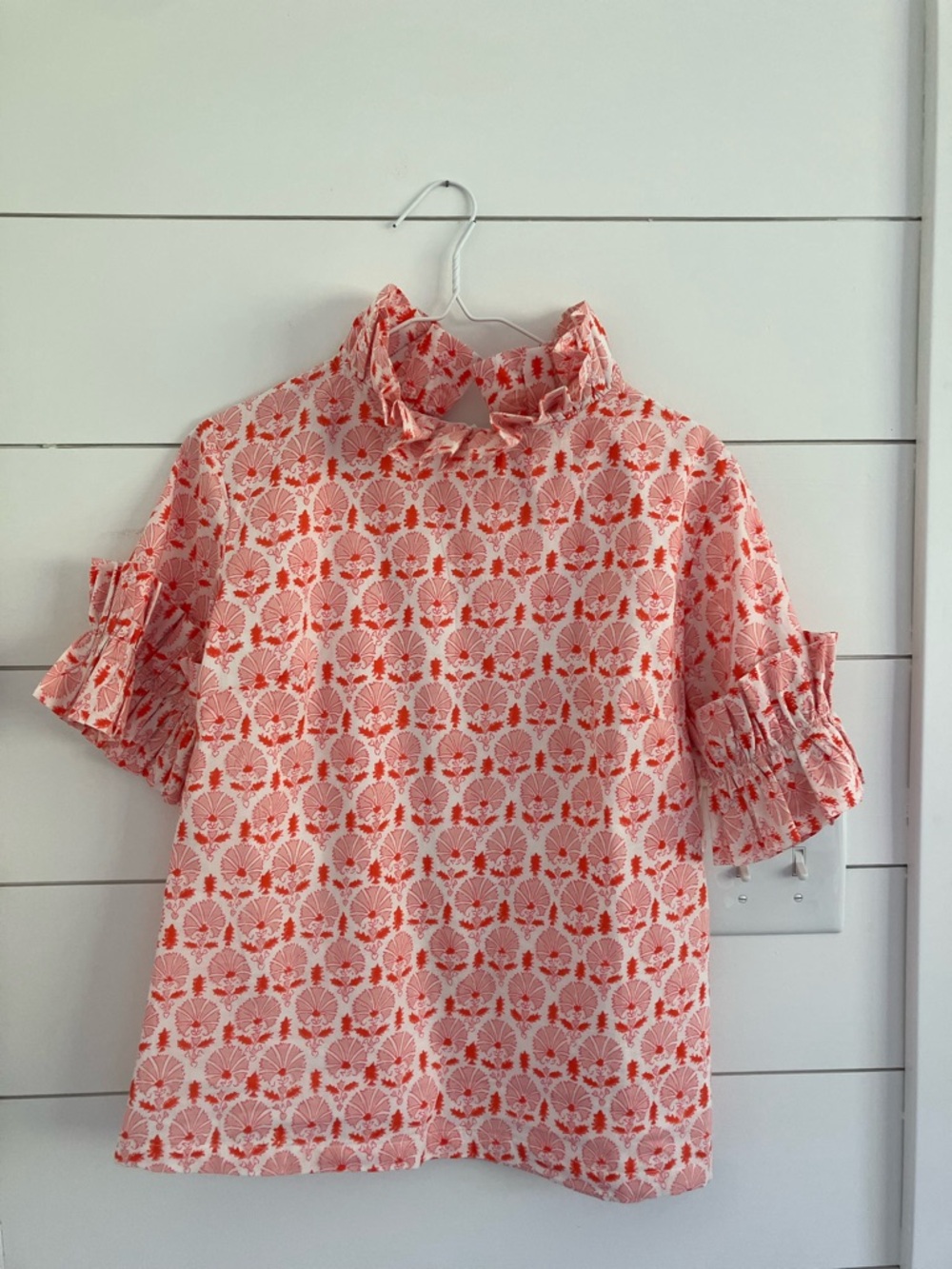 Women's Coral Floral Ruffle Neck Blouse